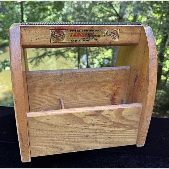 Antique 1920'S Shoe Shine Box ESQUIRE LANOLIZE RARE LOGO SOLID WOOD Beautiful! - Picture 1 of 12